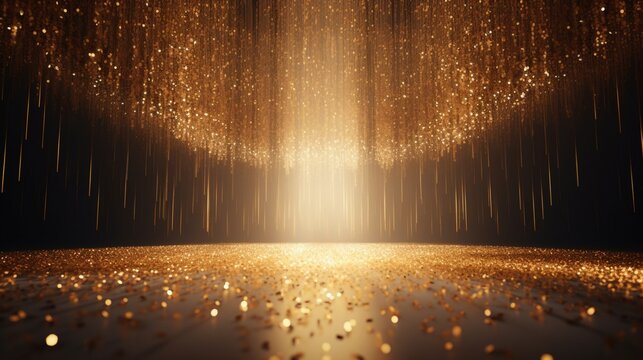 a golden confetti rain on a festive stage with a radiant light beam, an empty room at night mockup designed for the grandeur of an award ceremony, jubilee, New Year's party © graphito
