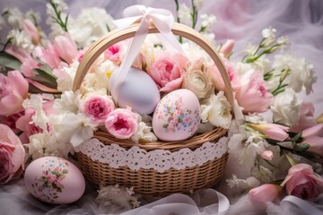 Fototapeta na wymiar Easter basket, adorned with pastel eggs and soft pink flowers, captures the essence of the spring season.