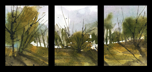 Summer landscape. Drawing in watercolor and ink.