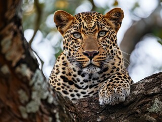 Fototapeta premium Majestic African leopard perched on a branch of a tree, staring directly at the camera.