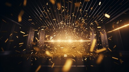 a golden confetti shower on a festive stage with a central light beam, an empty room at night mockup serving as a canvas for the grandeur of an award ceremony, jubilee - obrazy, fototapety, plakaty