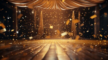 a golden confetti shower on a festive stage with a central light beam, an empty room at night mockup serving as a canvas for the grandeur of an award ceremony, jubilee - obrazy, fototapety, plakaty