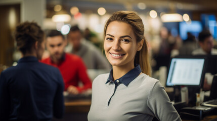 Fototapeta premium Attractive saleswoman or cashier serving customers