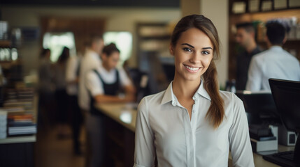 Attractive saleswoman or cashier serving customers