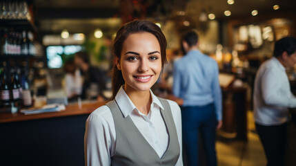 Fototapeta premium Attractive saleswoman or cashier serving customers