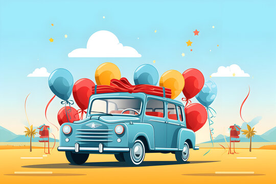 a car with a bunch of colorful balls. Holiday, happy birthday