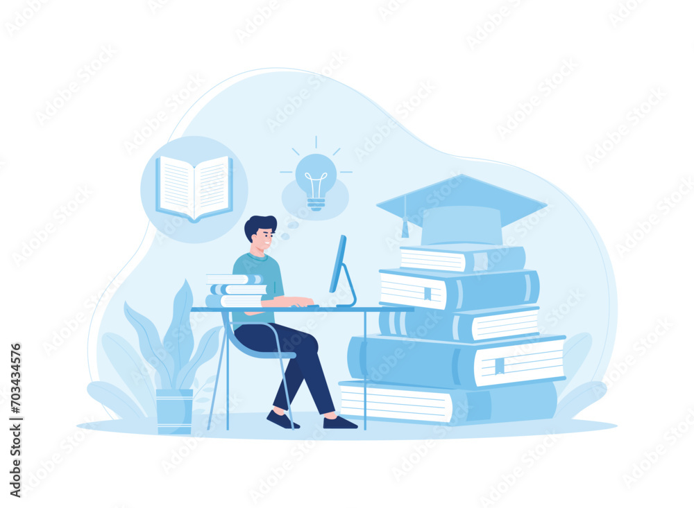 Wall mural man in front of computer doing assignments online learning concept flat illustration