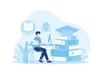 man in front of computer doing assignments online learning concept flat illustration