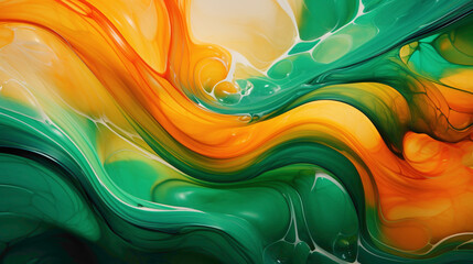 Cascading waves of emerald green and tangerine, forming a mesmerizing liquid canvas captured in flawless high definition.