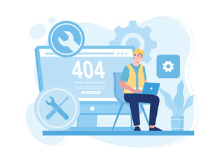 worker fix screen page not found 404 concept flat illustration