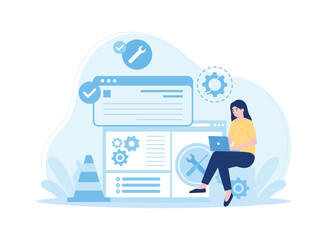 Fototapeta premium woman repairing website management concept web service concept flat illustration