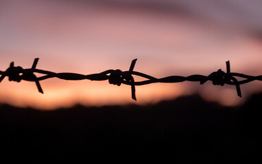 Silhouette of barbed wire on yellow sunset background. barbed wire fence silhouette at orange...