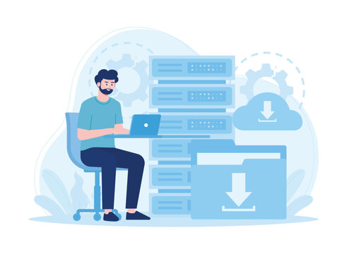 man with laptop managing cloud data  database  folder concept flat illustration