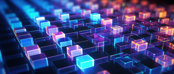 The blend of blue light, digital patterns, and 3D elements.