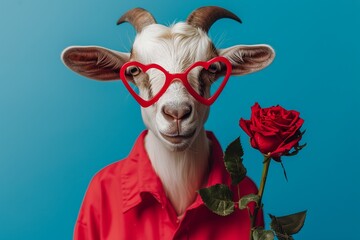 A goat dressed in a red shirt and bright heart shaped glasses holding a red rose - obrazy, fototapety, plakaty