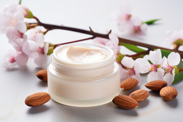Fototapeta na wymiar Cosmetic product with almond extract, decorative cosmetics, personal care products, selective focus