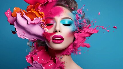 Woman's face with splashes of colorful paint, pastel shapes showing the concept of cosmetics for girls