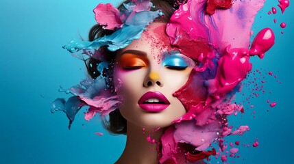 Woman's face with splashes of colorful paint, pastel shapes showing the concept of cosmetics for girls