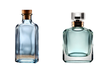 Ideal for Design and Mockups; Beautiful empty glass bottle and empty perfume bottle on transparent background, PNG