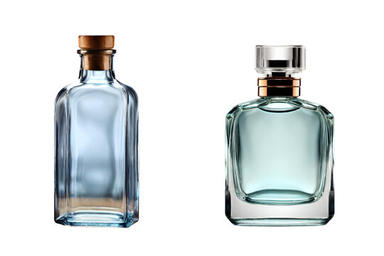 Ideal for Design and Mockups; Beautiful empty glass bottle and empty perfume bottle on transparent background, PNG