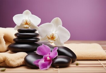 Aromatherapy spa beauty treatment and wellness background with massage pebbles orchid flowers towel