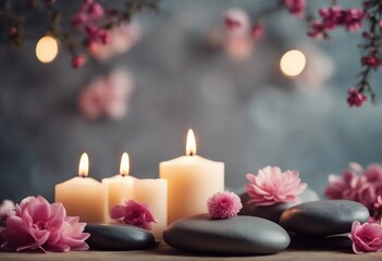 Obraz na płótnie Canvas Aromatherapy beauty spa background with massage pebble perfumed flowers water and candles on stone