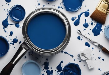 Can of Classic blue paint and brush on white background Trendy color concept Top view