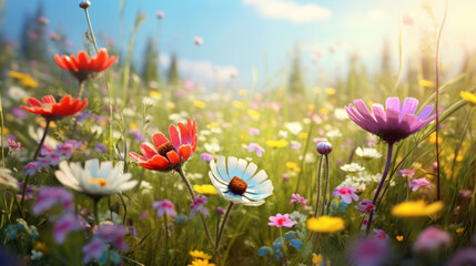 Obraz na płótnie Canvas A countryside spring flower meadow bursts with life in this charmingly detailed illustration