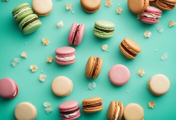 Colorful cake macaron or macaroon on turquoise pastel background from above French almond cookies