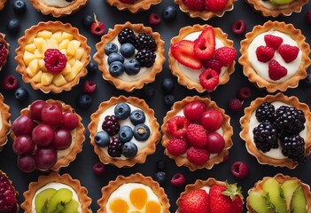 Colorful berry tartlets or cake for kitchen pattern Pastry dessert from above - obrazy, fototapety, plakaty