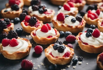 Healthy summer pastry dessert Berry tartlets or cake with cream cheese top view - obrazy, fototapety, plakaty