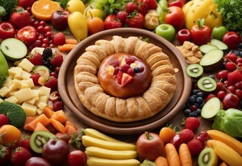 Healthy and unhealthy food background from fruits and vegetables vs fast food sweets and pastry top