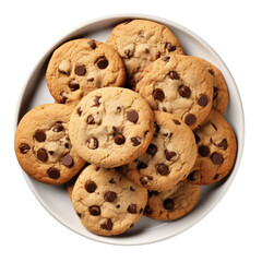 Chocolate chip cookies in a plate top view on transparent background