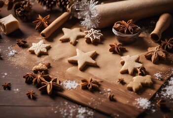 Holiday christmas background for baking cookies with cutters rolling pin and spices on brown table