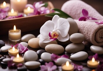 Obraz na płótnie Canvas Spa beauty treatment and wellness background with massage pebbles orchid flowers towels cosmetic