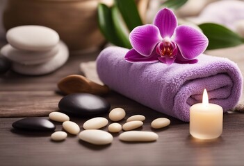 Fototapeta na wymiar Spa beauty treatment and wellness background with massage pebbles orchid flowers towels cosmetic