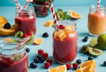 Summer colorful fruit smoothies in jars on blue background Healthy detox and diet food concept