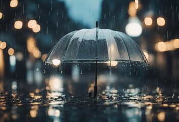 Transparent umbrella under heavy rain against water drops splash background Rainy weather concept