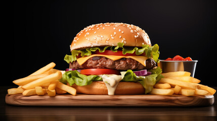 Large juicy burger with beef patty, melted cheese, sauce. Lettuce, tomato chunks, ketchup, sesame seed bun. French fries on a wooden board. Advertising poster for websites, social networks and print. 