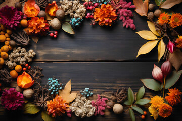 A rustic table adorned with a blank white frame and a scattering of colorful autumn leaves, providing a picturesque setting with ample copy space.