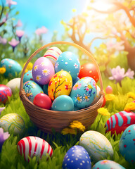 Fototapeta na wymiar Color easter eggs and fairy nature background - Celebration design