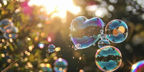 Tuinposter valentine vibes , Heart Bubbles at the sky, sunset,Love in the summer sun with bubble blower,romantic inflating colorful soap bubbles in park © YuDwi Studio