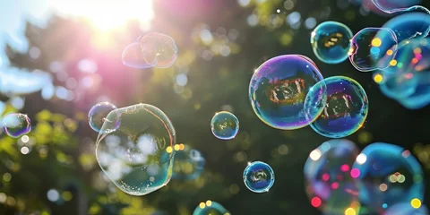 Foto op Aluminium valentine vibes , Heart Bubbles at the sky, sunset,Love in the summer sun with bubble blower,romantic inflating colorful soap bubbles in park © YuDwi Studio