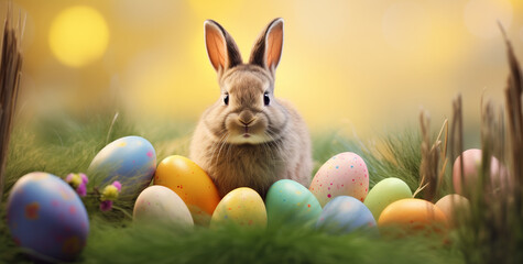 Fototapeta na wymiar Adorable little bunny with easter eggs in flowery meadow