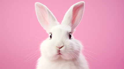 Adorable white rabbit on a pink background