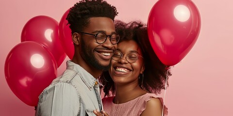 valentine moment, couple isolated in pink background smiling with balloon , Concept of love, relationship, Valentine's Day, emotions, lifestyle - obrazy, fototapety, plakaty