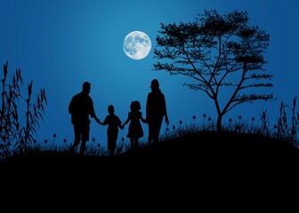 A silhouette of a family walking on a hill with a moon in the sky
