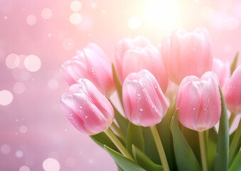 Bouquet of beautiful pink tulips on a pink background