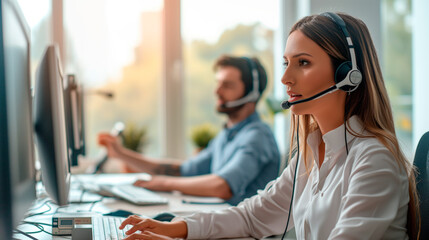 Portrait of a woman working in customer service at a call center. - obrazy, fototapety, plakaty