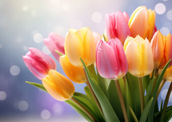 Bouquet of colorful tulips on a bokeh background